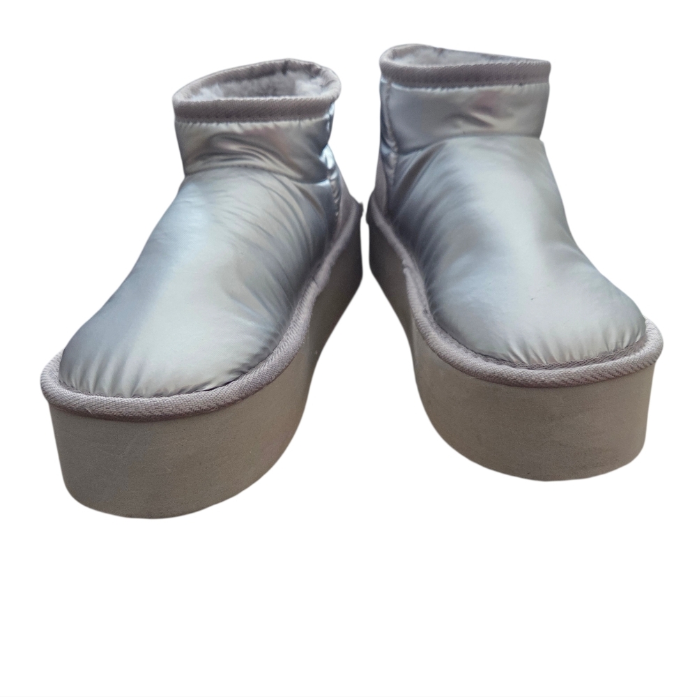 Steve Madden - NEW Women's Shiny Silver Puffy Faux Fur Platform Boots - Picture 3 of 7
